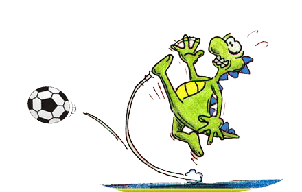 Dino kickt einen Fussball
